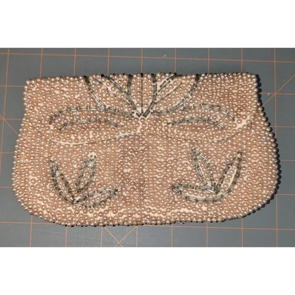 Vintage Pearl Beaded Clutch Floral Design made in Japan 4x7 Inches - Picture 8 of 11